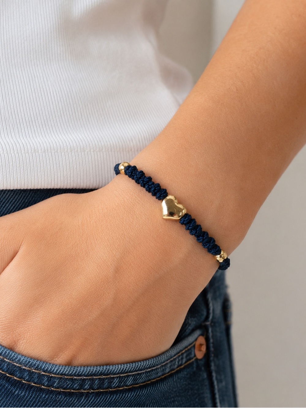 Handmade Navy Macrame Stainless Steel Puffed Heart Adjustable Bracelet Nautical